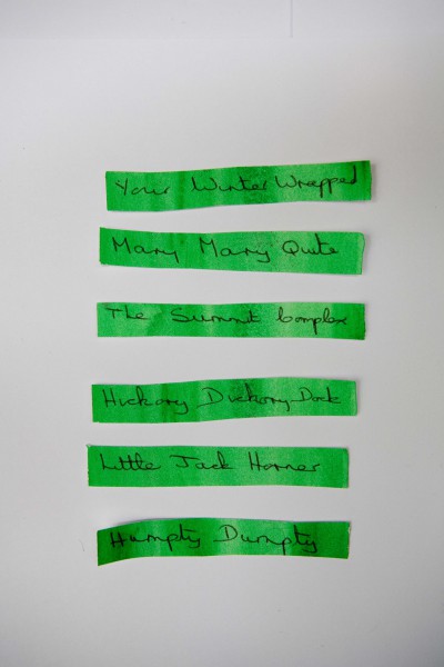 Green strips of paper saying Your Wint Wrapped, Mary Mary Quite, The Summit complex, Hickory Dickory Dock, Little Jack Horner, Humpty Dumpty